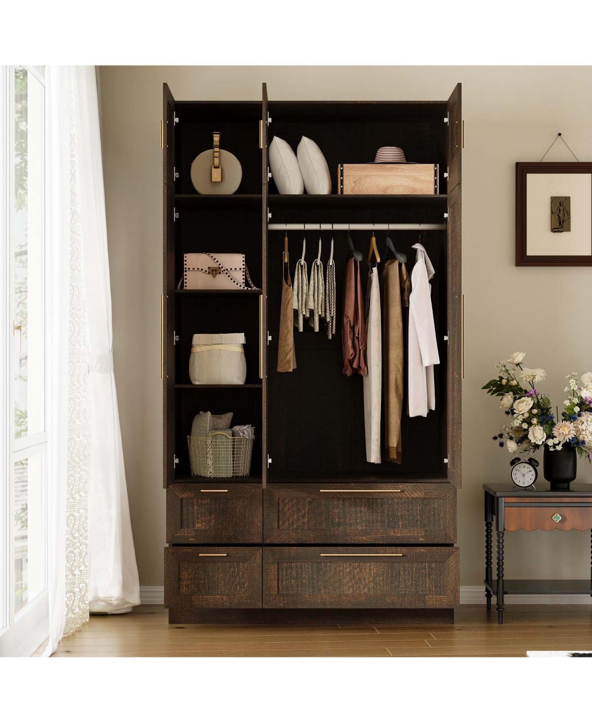 Homsee Wardrobe With Top Cabinet And Mirror，Bedroom Closet，Armoire,Brown