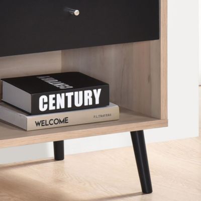 Nathan Side End Table with Drawer Open Shelf, Bedroom Bedside Nightstand, Oak/Black