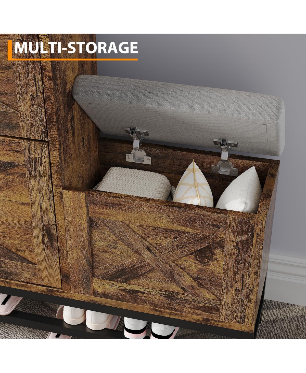 Gaomon 2-Drawer Flip Shoe Cabinet with Bench, Rustic Brown, Hidden Storage & Hooks for Entryway or Living Room.