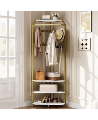 Corner Coat Rack With Shoe Bench and 6 Double Hooks, Corner Hall Tree - Clothes Rack With Storage Hall Tree With Organizer Shelf