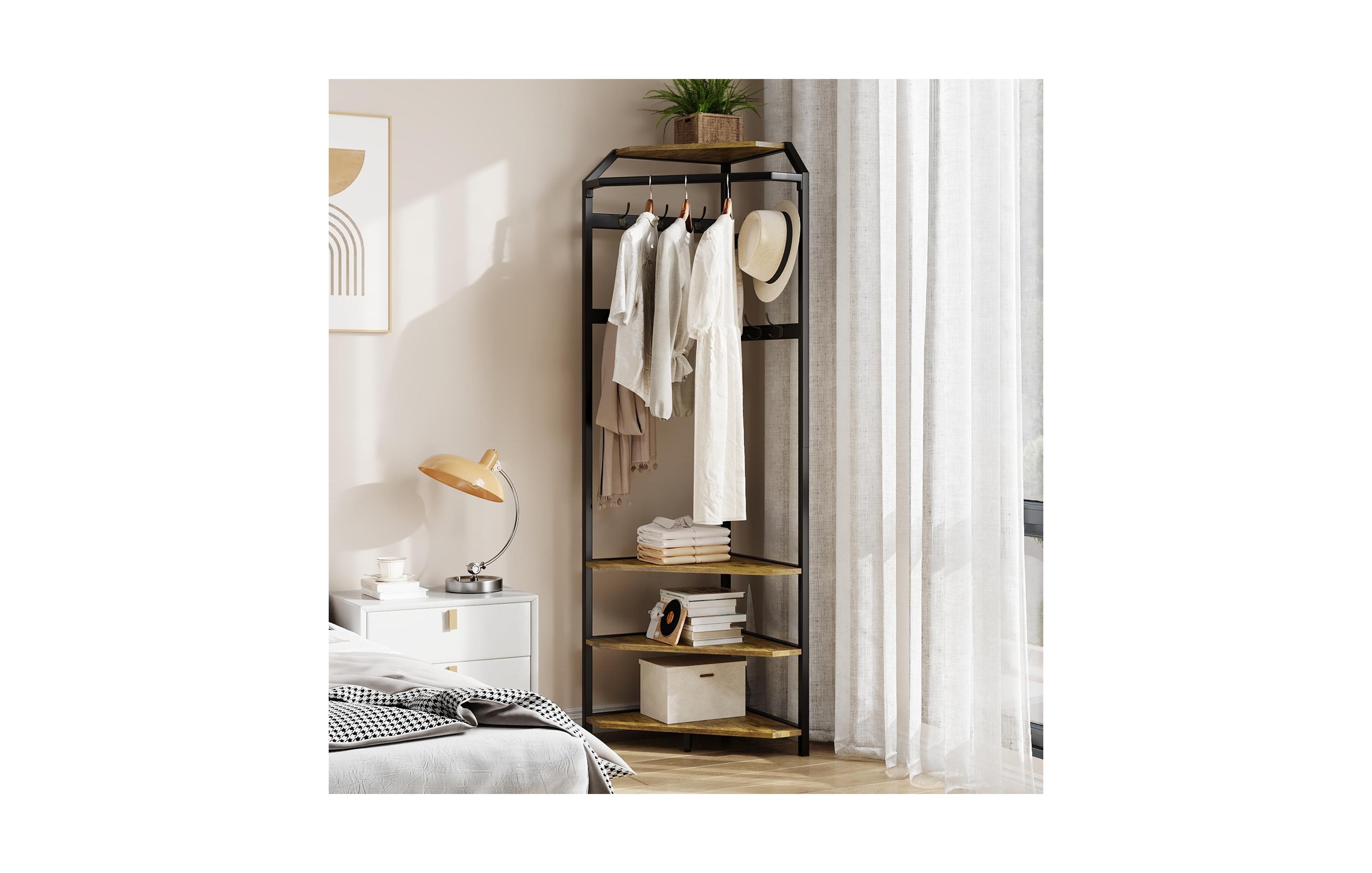 gaomon Corner Coat Rack With Shoe Bench and 6 Double Hooks, Hall Tree - Clothes Storage Organizer Shelf