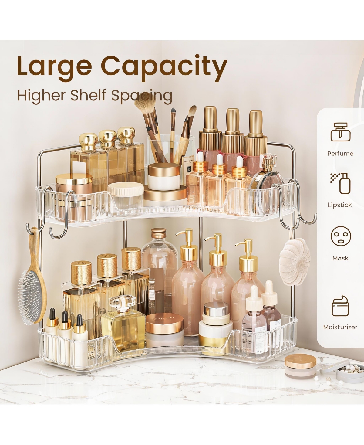 Yigii 2 Tier Bathroom Organizer with Hooks for Makeup and Skincare