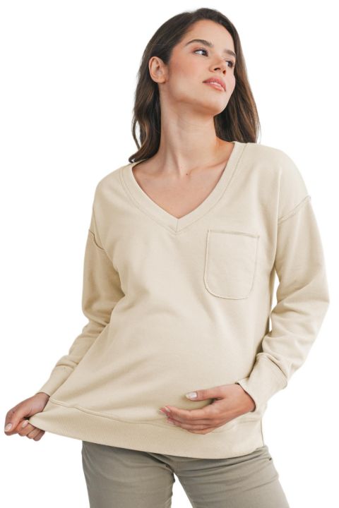 Женский свитшот Hello Miz Maternity V Neck Long Sleeve Front Pocket, цвет: Бежевый