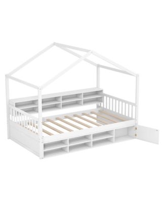Twin Size House Bed Wooden Platform Bed Frame with Roof & 14 Storage Cubes