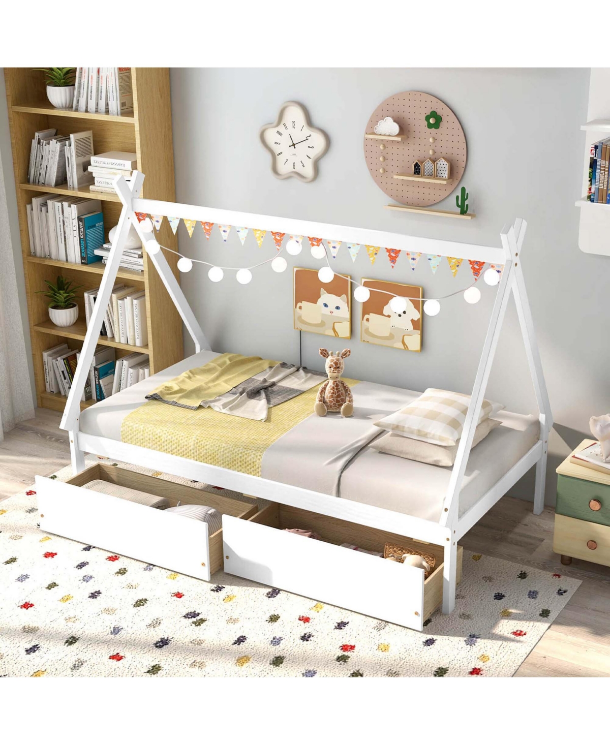 Costway Twin Wooden House Bed with 2 Drawers Roof Storage for Boys & Girls