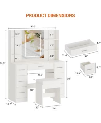 Vanity Desk with Mirror, Led Lights and Power Outlet, Makeup Vanity Table with Chair, 3 Color Lights & Brightness Adjustable, 7 Drawer