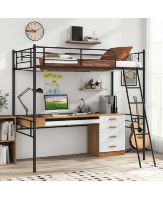 Twin Size Metal Loft Bed Single Loft Bunk Bed with Full-Length Guardrail