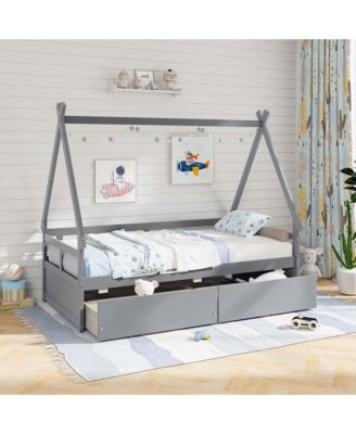 Twin Size House Bed with Roof Safety Guardrail 2 Storage Drawers Wood Slat Support