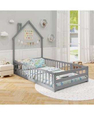 Twin Size Montessori Floor Bed for Toddler with Lockable Door Full-Length Guardrail