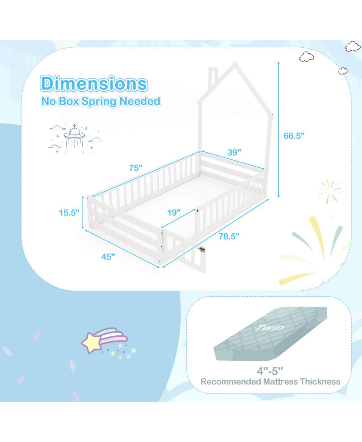 Costway Twin Montessori Floor Bed for Toddler with Lockable Door Full-Length Guardrail