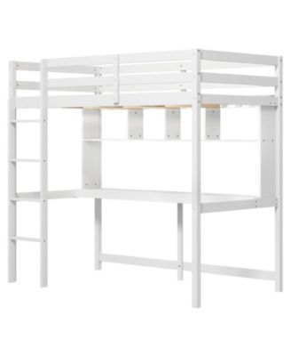 Twin Size Loft Bed with Desk & Shelves Safety Guardrails & Ladder Storage