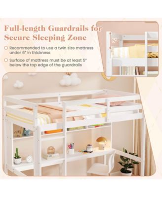 Twin Size Loft Bed with Desk & Shelves Safety Guardrails & Ladder Storage