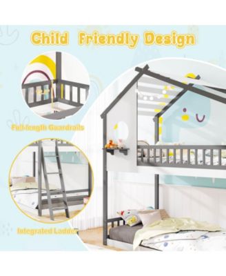Twin over Twin House Bunk Bed with Roof Ladder & Full-length Guardrails for Kids