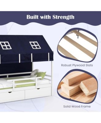 Twin House Bed Solid Wood Playhouse Bed Low Loft Bed with Tent 2 Storage Drawers