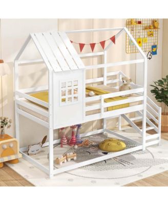 Twin House Bunk Bed with Stairs Roof Rails & Window Full-length Guardrails