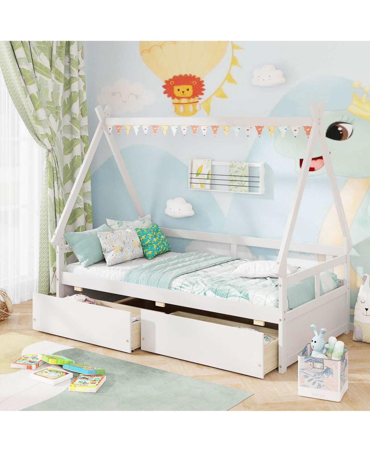 Costway Twin House Bed with Roof Safety Guardrail 2 Storage Drawers Wood Slat Support