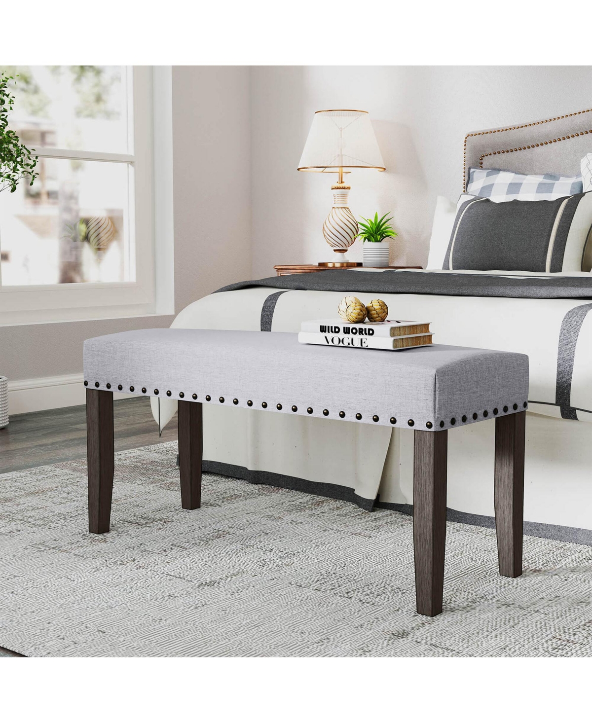 Costway 1 Pcs 42.5" Upholstered Entryway Bench with Nailhead Trim Soft Padded Cushion Bedroom