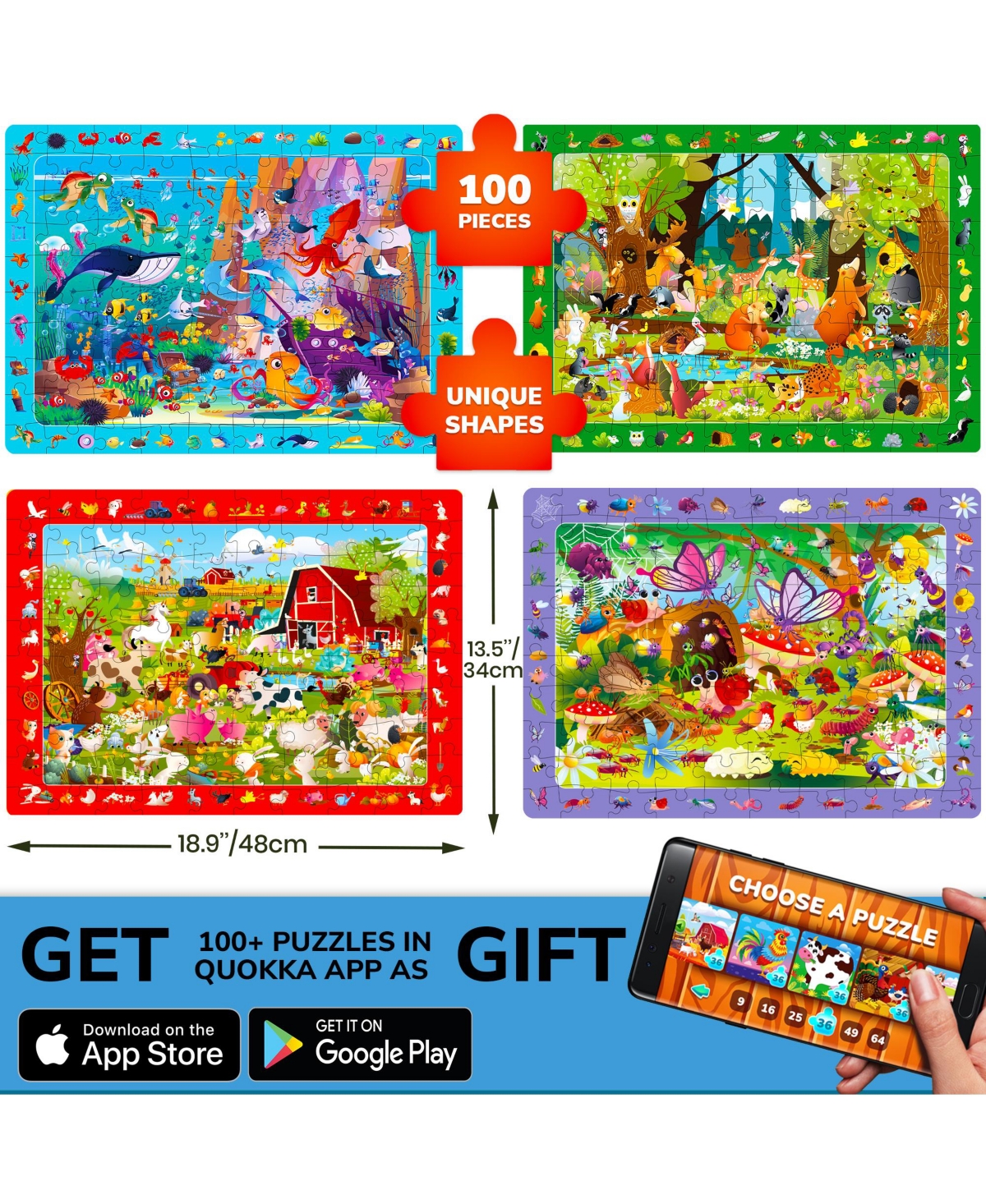 Quokka 4xSET 100 Piece Puzzles for Kids Ages 4-6 – Search and Find Artist-Crafted Illustrations