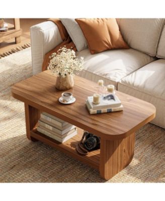 47-Inch 2-Tier Coffee Table with Storage and Safe Rounded Corners Farmhouse Style