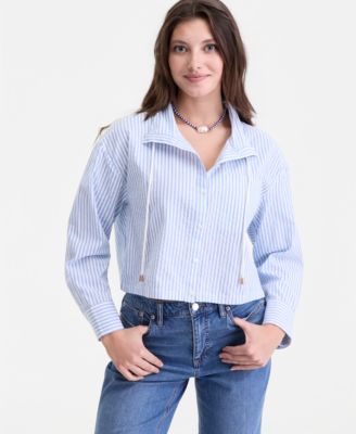 Women's Cropped Drawstring Button-Front Shirt