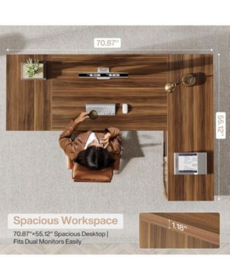 70.8-Inch Fluted Executive Desk with File Cabinet, L-Shaped Office Desk with Storage Shelves, Large Modern Computer Desk