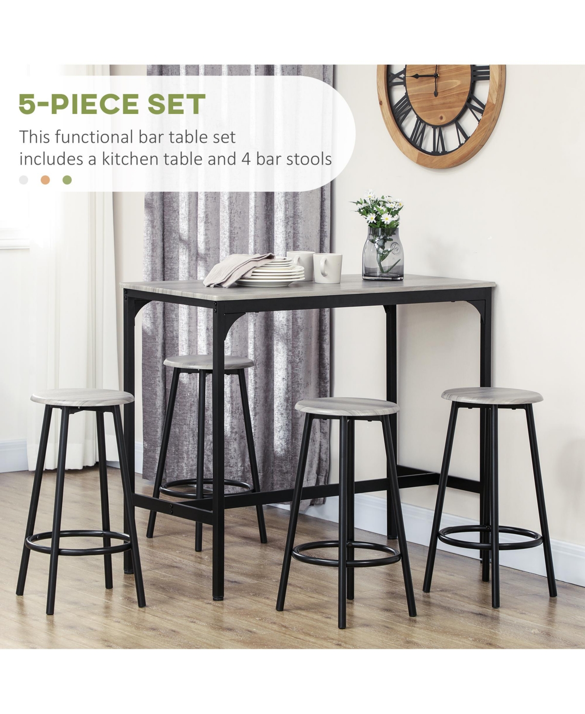 Homcom 5-Piece Rustic Bar Table and Chairs Set for Dining Room