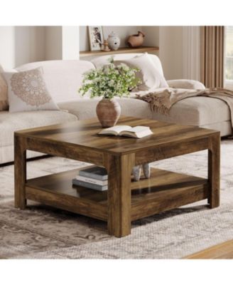 Square Coffee Table for Living Room, 39.4-Inch Large Farmhouse Wooden Center Tea Accent Table with 2-Tier Storage, Rustic Brown