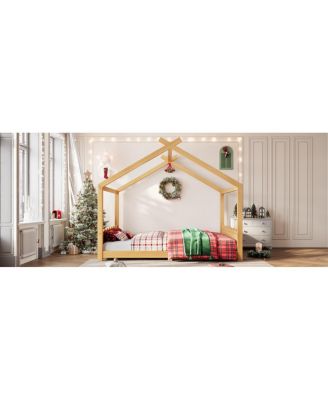 Streamdale Queen House Floor Bed with Solid Wood Frame for Kids, Natural