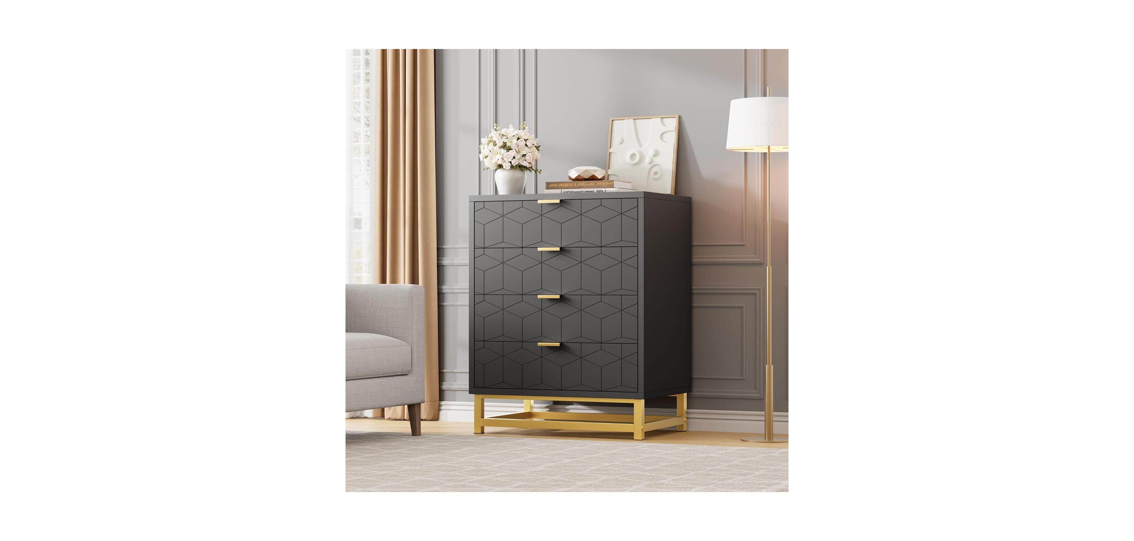 gaomon 4-Drawer Bedroom Dresser, Modern Wood Storage Chest with Metal Legs and Wide Drawers for Living Room or Hallway