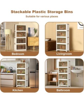 4 Tier Foldable Collapsible Storage Cabinet, Plastic Storage Cabinet With Magnetic Doors & Wheels, Organization and Storage Boxes for Craft