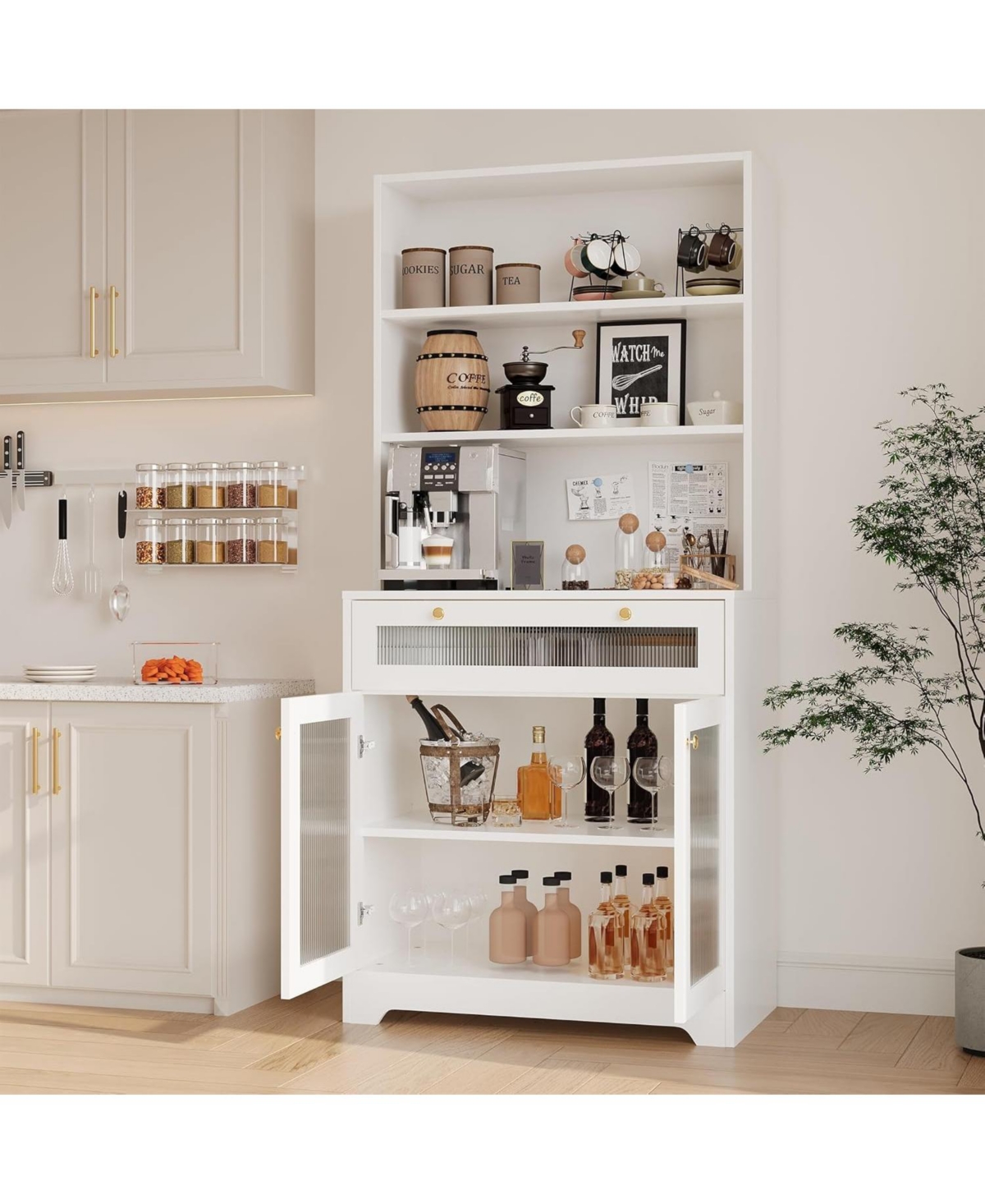 gaomon Kitchen Pantry Cabinet, 62 Inch Freestanding Hutch Cupboard with Large Countertop, Glass Doors, Drawer and Adjustable Shelves