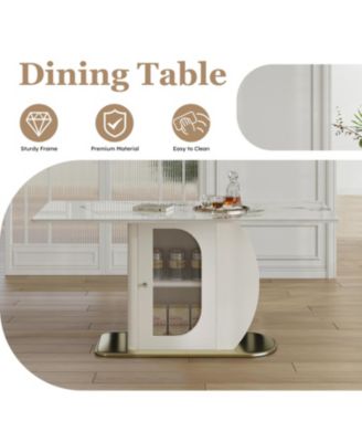 63" Modern Dining Table w/ Storage, Sintered Stone Top, Golden Wood Base