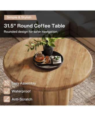 31.5" Round Coffee Table for Living Room, Farmhouse Circle Center Cocktail Table with Fluted Drum Base, Wooden Living Room Furniture