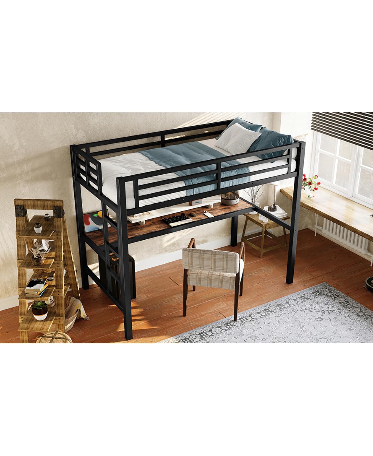 Streamdale Furniture Metal Loft Bed with Power Outlet & Led Light, Black