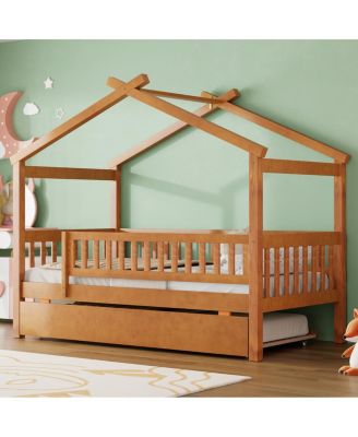 Wooden House Bed with Trundle