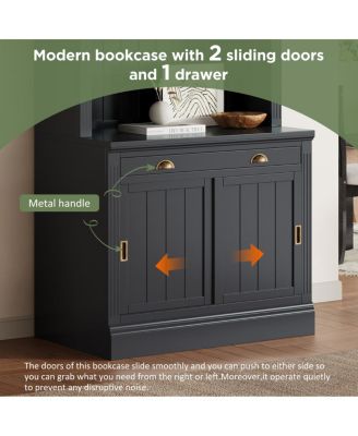 LED Lighting Bookshelf Suite with Sliding Doors & Drawers, White