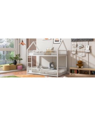 Metal Twin over Twin House Bunk Bed with Fence and Door