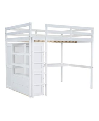 Wood Full Size Loft Bed with Built-in Wardrobe, Desk, Storage Shelves and Drawers