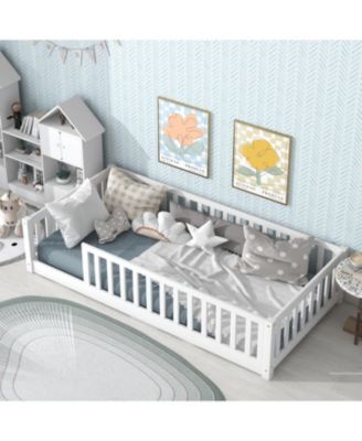 Twin Floor Bed with Fence, Rubber Wood