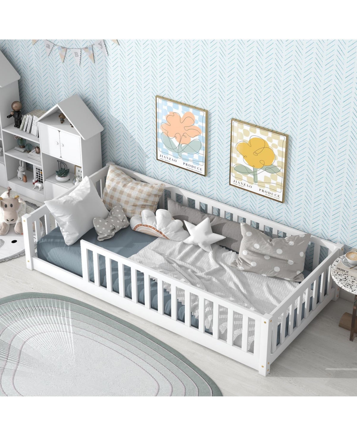 Streamdale Furniture Twin Floor Bed with Fence, Rubber Wood