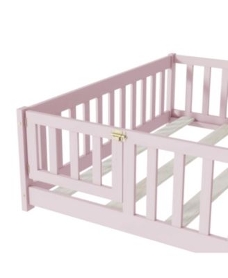 Rubberwood, Engineered wood Full Size Floor Bed with Fence & Door