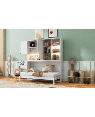 Twin Size Wall Murphy Bed with Cabinet, Shelves, Light & USB