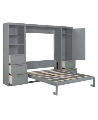 Queen Size Murphy Bed Wall Bed with Closet, Drawers and Shelves, Gray