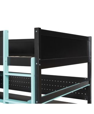Full Size Wooden Gaming Loft Bed with Storage Stairs, Desk, Shelves & Pegboard, Black+Blue