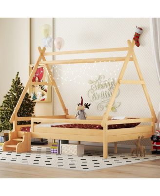 Full House Platform Bed with Stairs, Solid Wood Twin Bed Frame