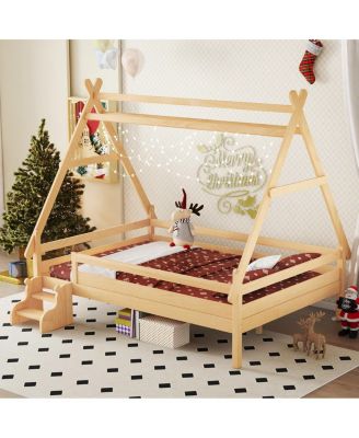 Full House Platform Bed with Stairs, Solid Wood Twin Bed Frame