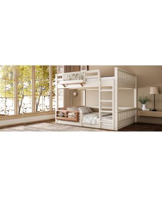Queen Bunk Bed with Ladder, Guardrails, Pegboard & Bookshelf, Beige