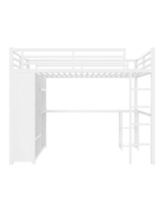 Queen Size Loft Bed Frame with Wardrobe, Desk & Shelves