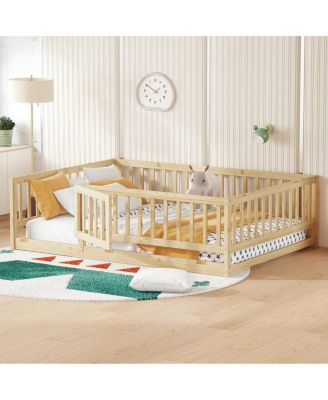 Full Size Montessori Floor Bed with Fence and Door, Oak