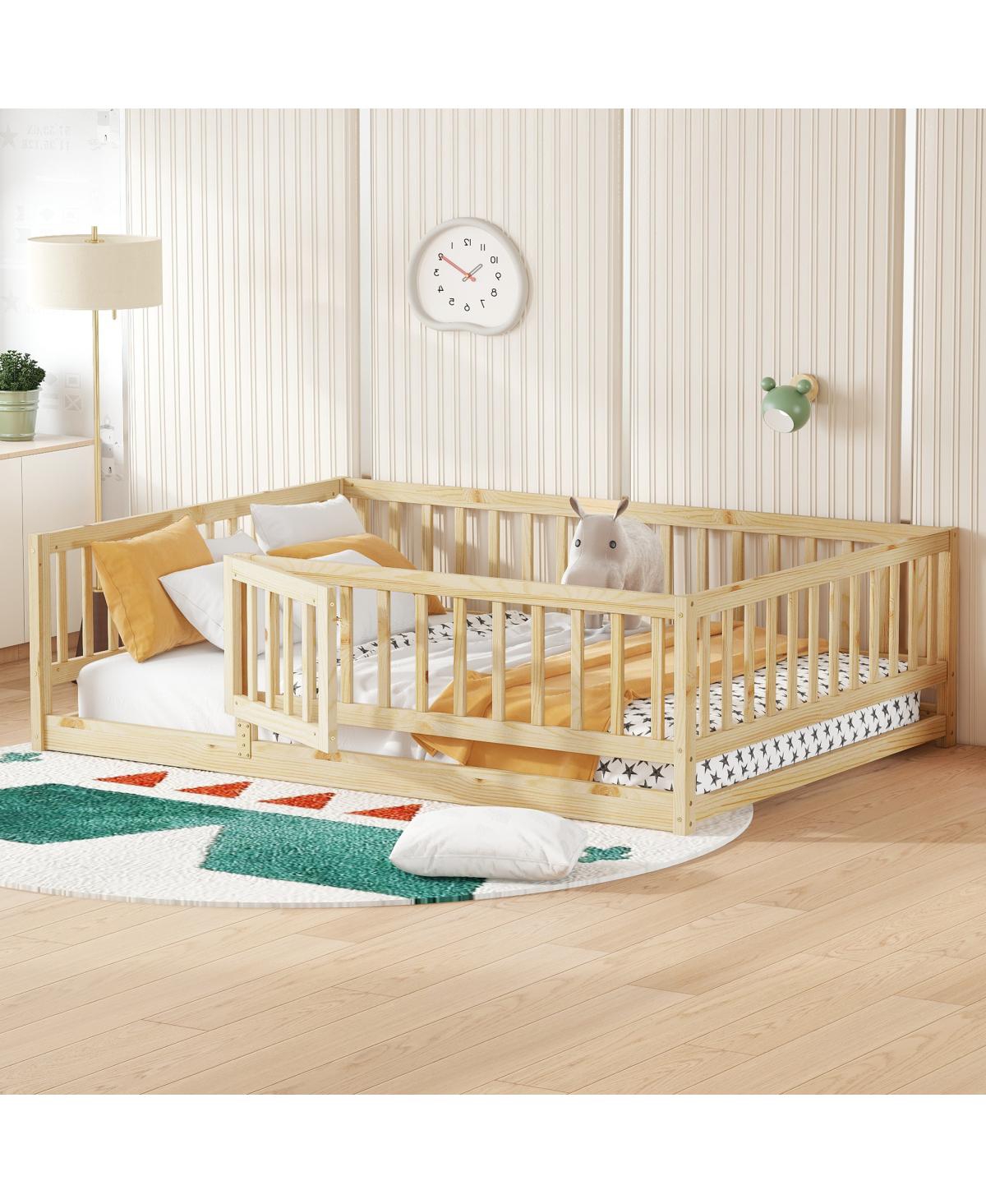 Streamdale Furniture Full Size Montessori Floor Bed with Fence and Door, Oak